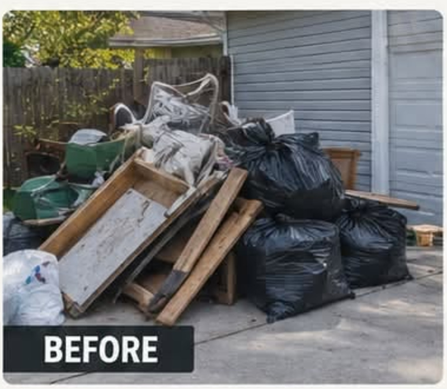 Driveway piled with furniture and bagged junk before junk removal in Fort Wayne, Indiana